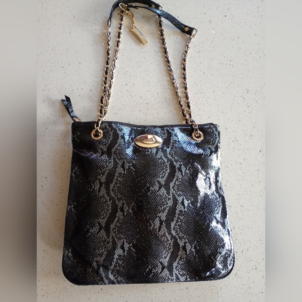 DKNY Black+ Silver Grey Patent Leather Snakeskin Shoulder Bag